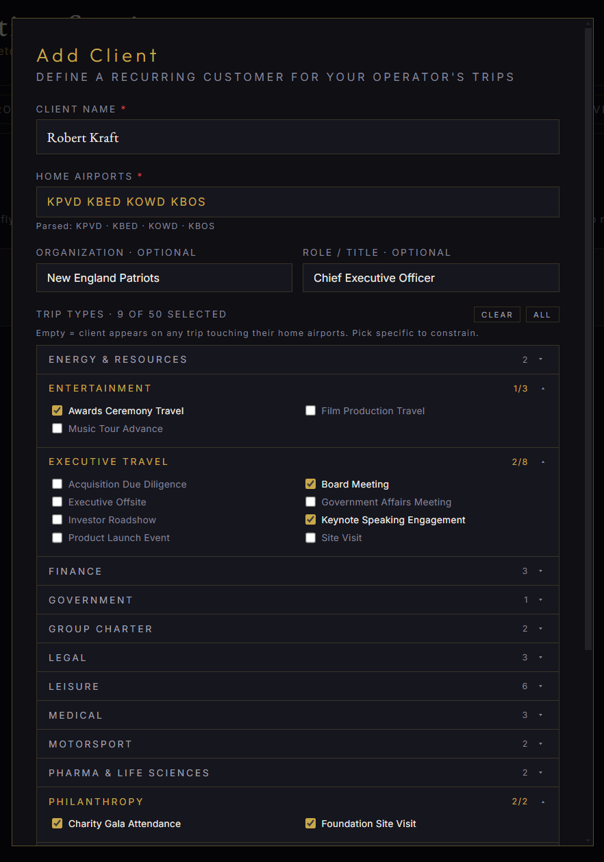 Add Client modal showing client name, home airports, organization, role, and categorized trip type whitelist
