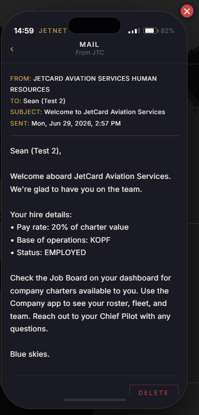 Welcome to JetCard Aviation Services email showing pay rate, base, and status confirmation