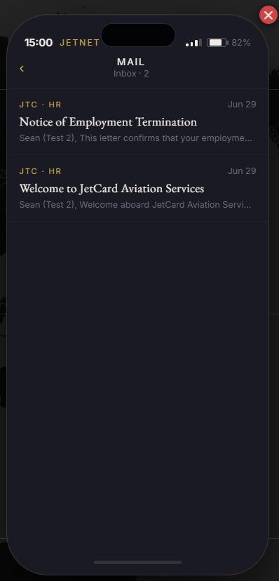 Mail app inbox showing welcome and termination notices from JTC HR