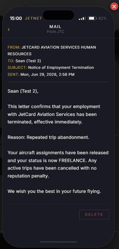 Notice of Employment Termination email with stated reason and aircraft release details
