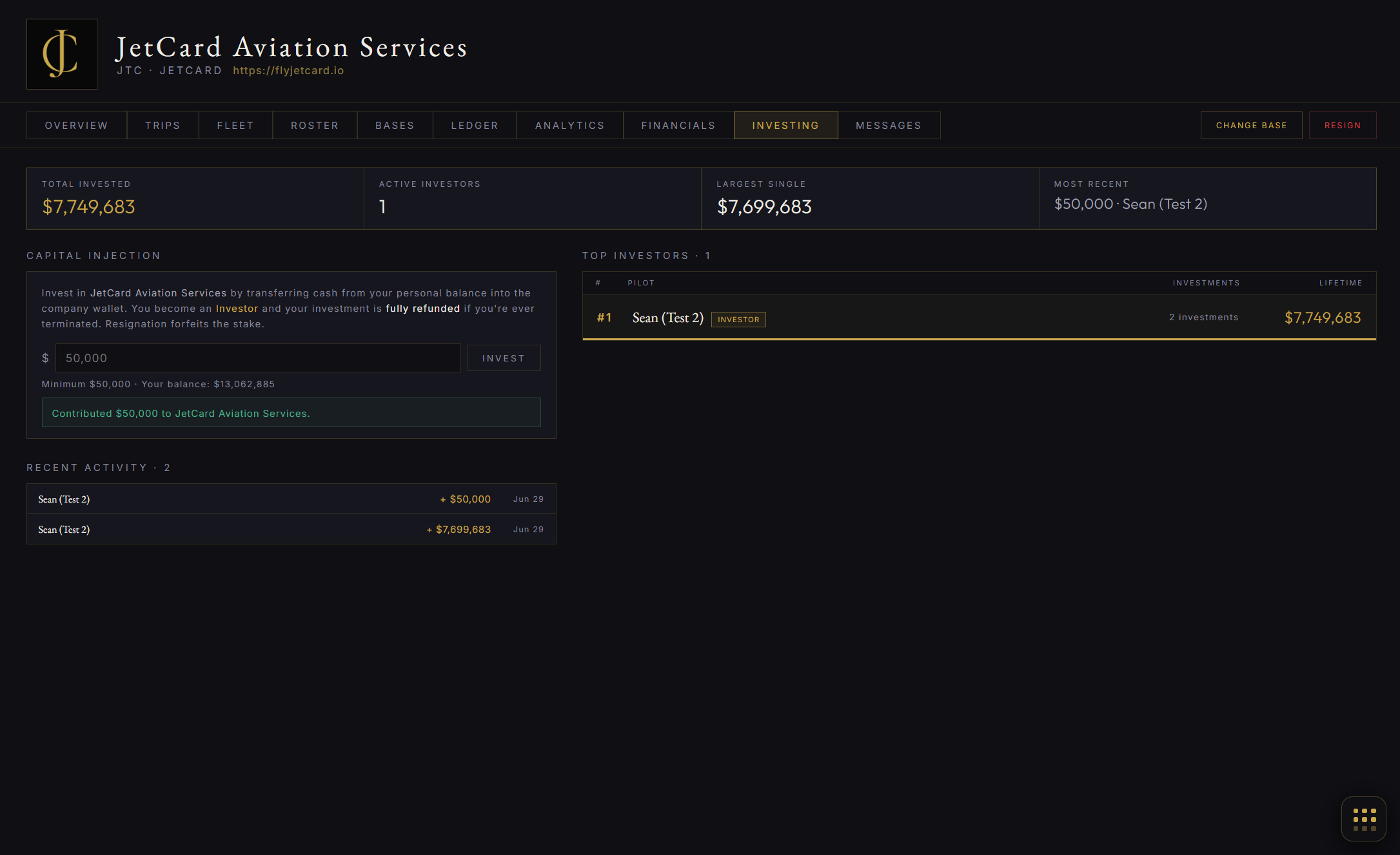 Capital injection panel showing investor contributions and operator funding history
