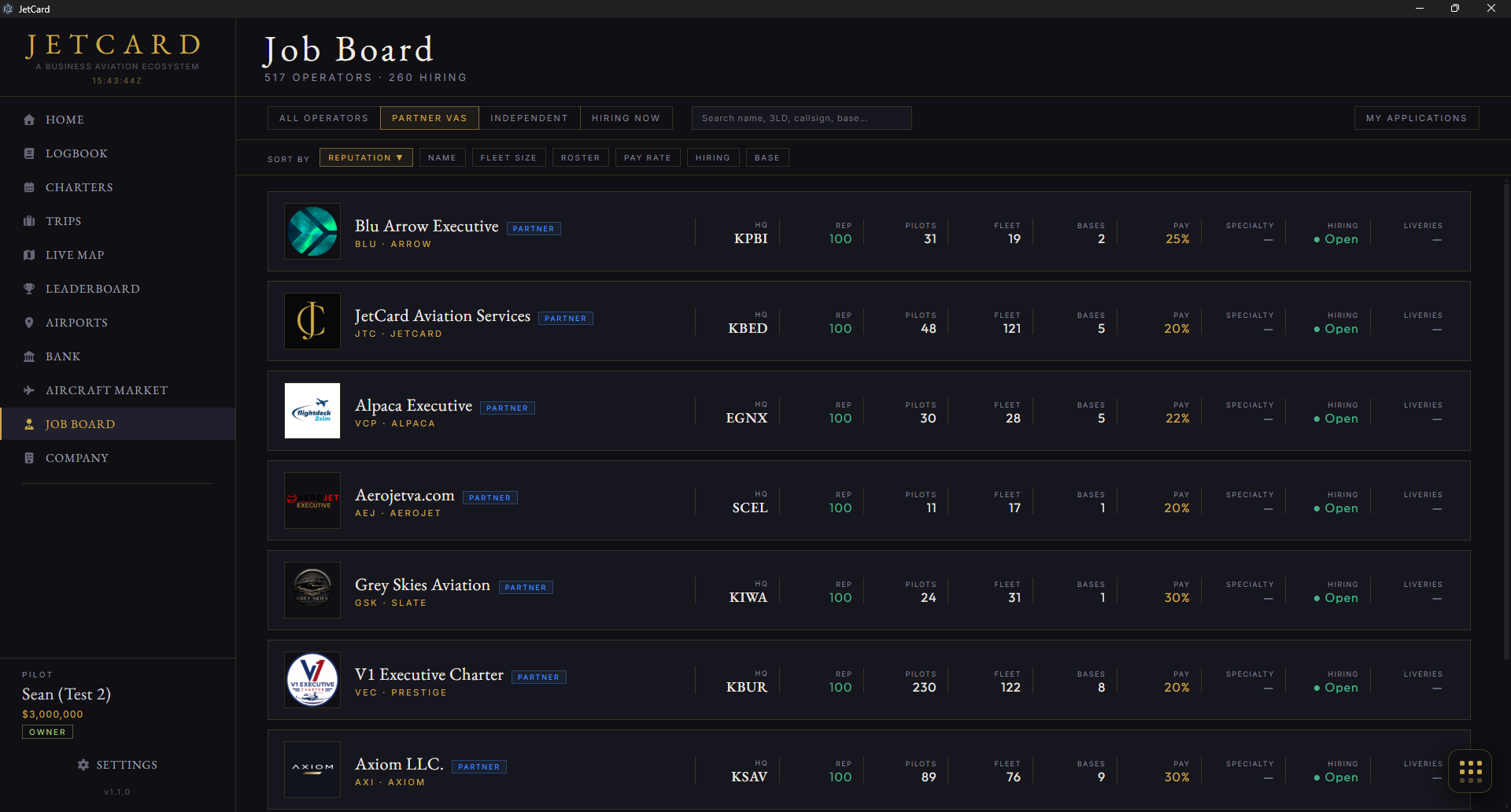 Redesigned JetCard Job Board with filter chips, sort controls, and per-operator stat columns