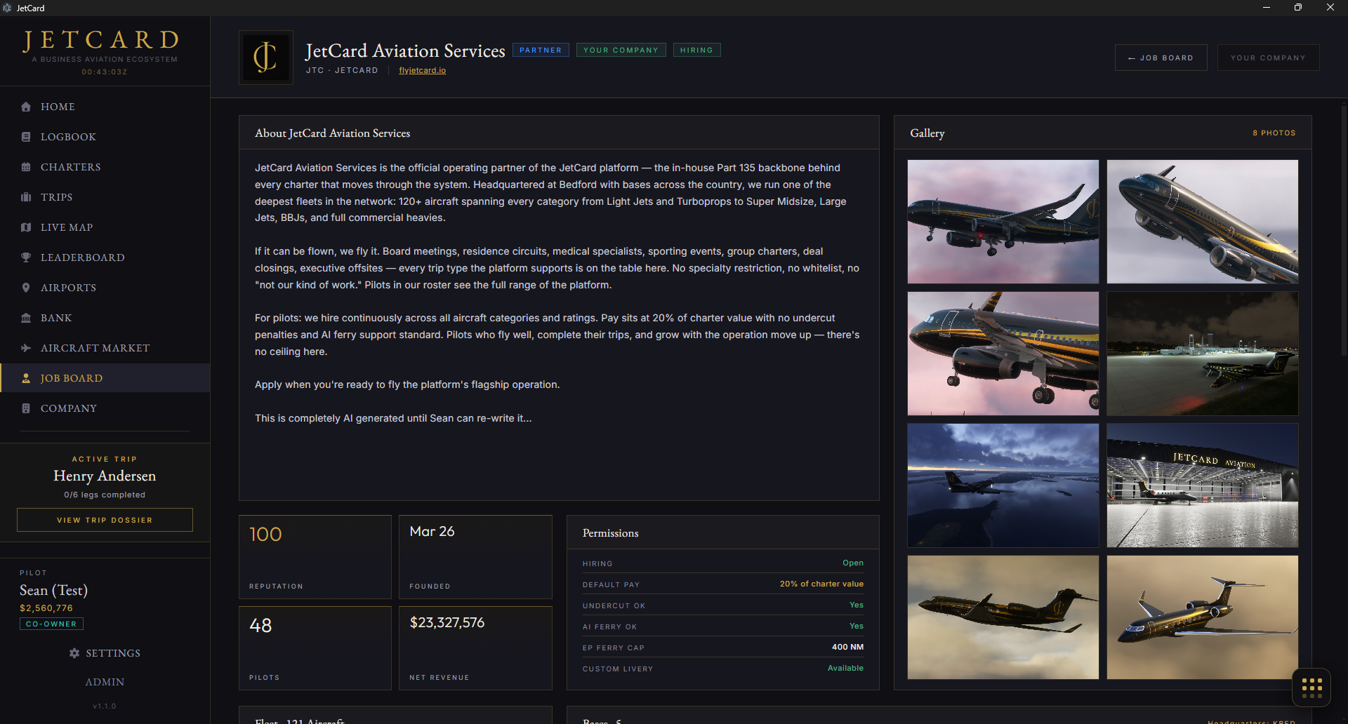 JetCard operator detail page showing bio, stats, permissions, and gallery
